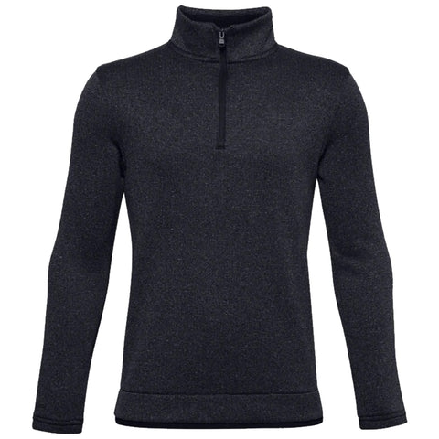 Under Armour Junior SweaterFleece Half Zip Top 1360086 A black long-sleeve pullover is displayed facing away highlighting a high collar and textured fabric in a neutral setting without distractions