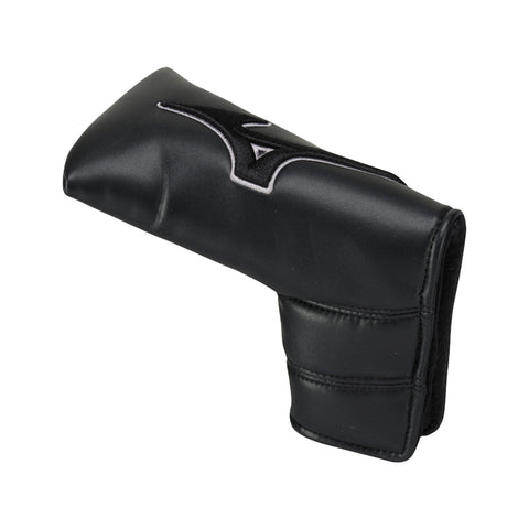 A black golf club head cover is positioned upright displaying a sleek design with padding and a logo it protects the club from damage and dirt when not in use.