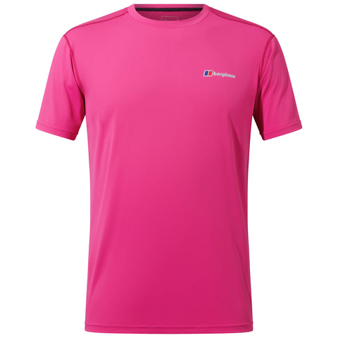 A vibrant pink short-sleeve shirt featuring the logo of Berghaus is displayed front-facing against a neutral background, showcasing its smooth fabric and athletic cut designed for active wear.