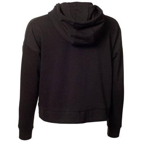 A black hoodie is displayed with a view of its back showing a hood and long sleeves in a neutral setting without any distracting elements or people.