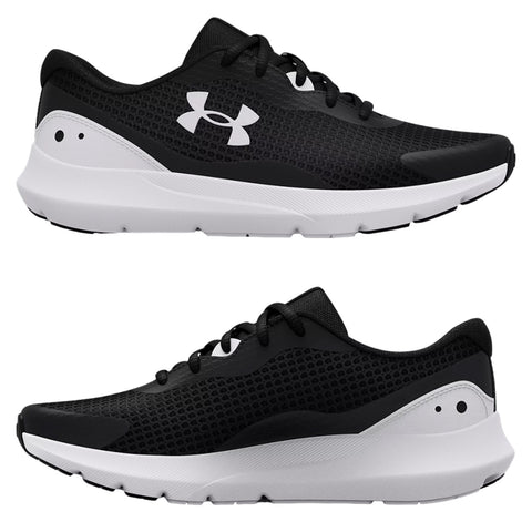 Black athletic shoes are positioned side by side showcasing their mesh upper and sole design indicating they are suitable for running or training activities in a casual or sports context.