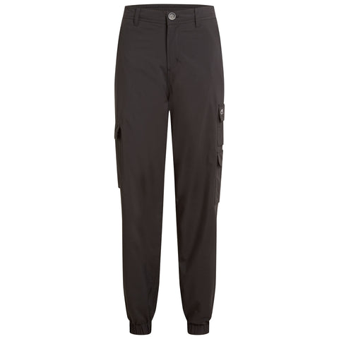A pair of black cargo pants is displayed standing upright showcasing multiple side pockets and an elastic waistband designed for comfort in casual or outdoor settings.