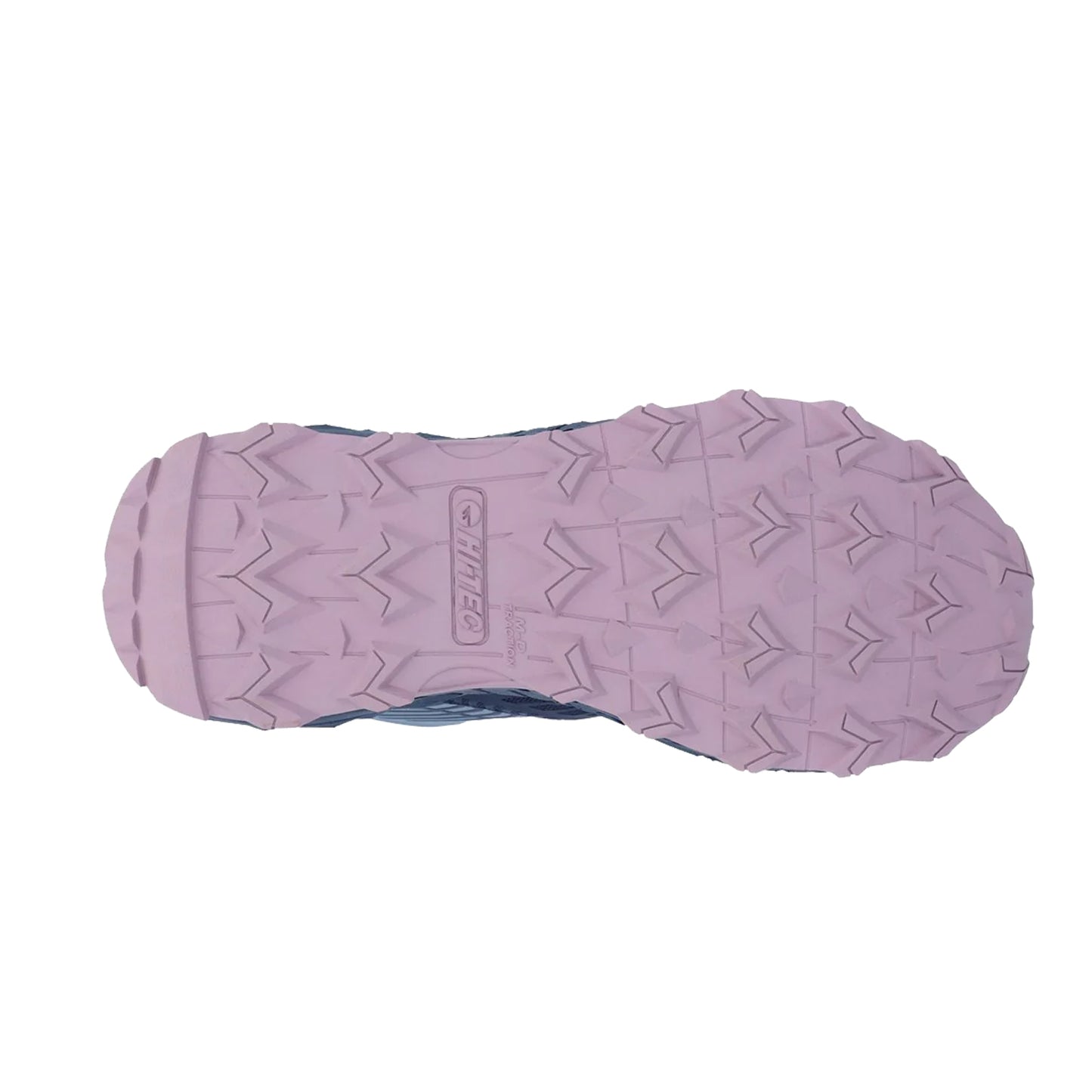 A shoe sole is viewed from the bottom highlighting its textured surface designed for traction with various directional tread patterns and a purple color.