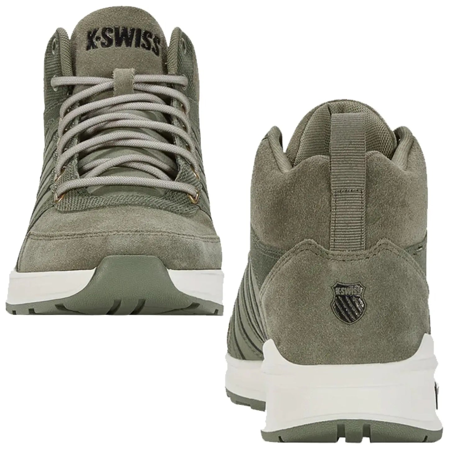 A pair of olive green K-Swiss high-top sneakers is displayed. They feature a textured fabric finish and white soles. Laces are neatly tied and emblem is visible on the heel.