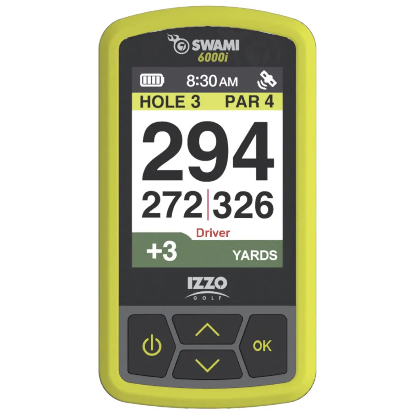A golf GPS device displays the current hole 3 distance of 294 yards with additional yardage information 272 and 326 yards indicates a par 4 hole and suggests using a driver.