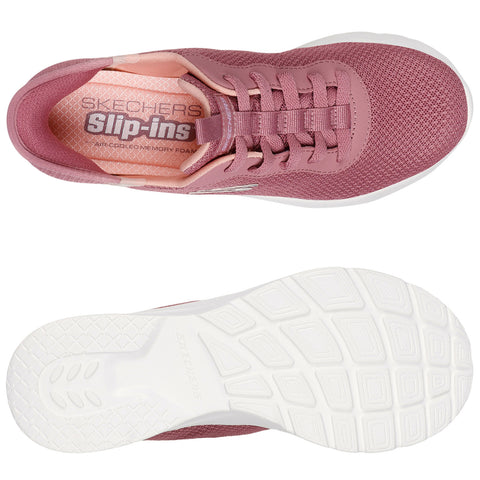 A pink sneaker with a mesh upper features laces and a cushioned insole labeled Skechers Slip-Ins designed for comfort with a flexible white sole suitable for casual wear.