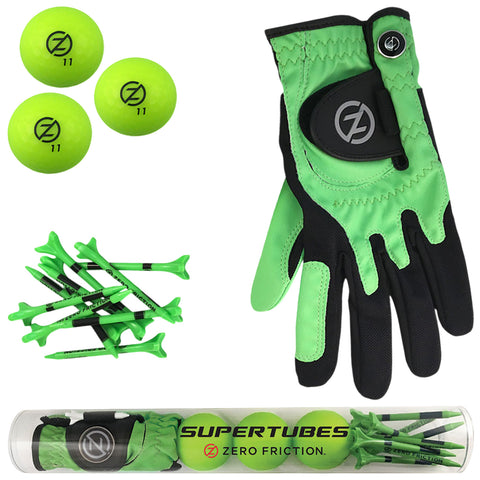 Three neon green golf balls sit alongside a black and green golf glove and several green tees contained in a transparent tube labeled Super Tubes Zero Friction, ready for use on a golf course.