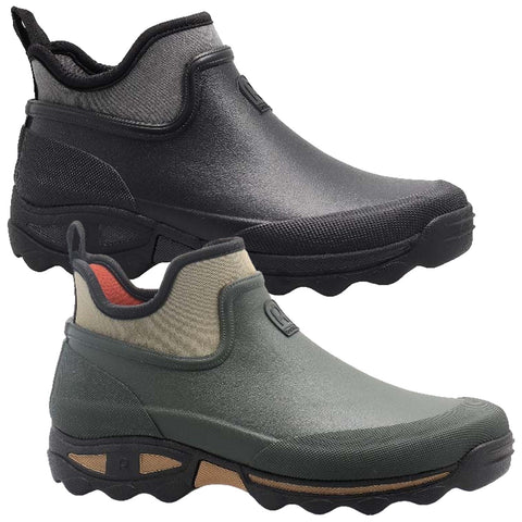Two pairs of waterproof ankle boots are displayed. One pair is black with textured material and a smooth surface while the other is green with a fabric inset. Both have a rugged sole.