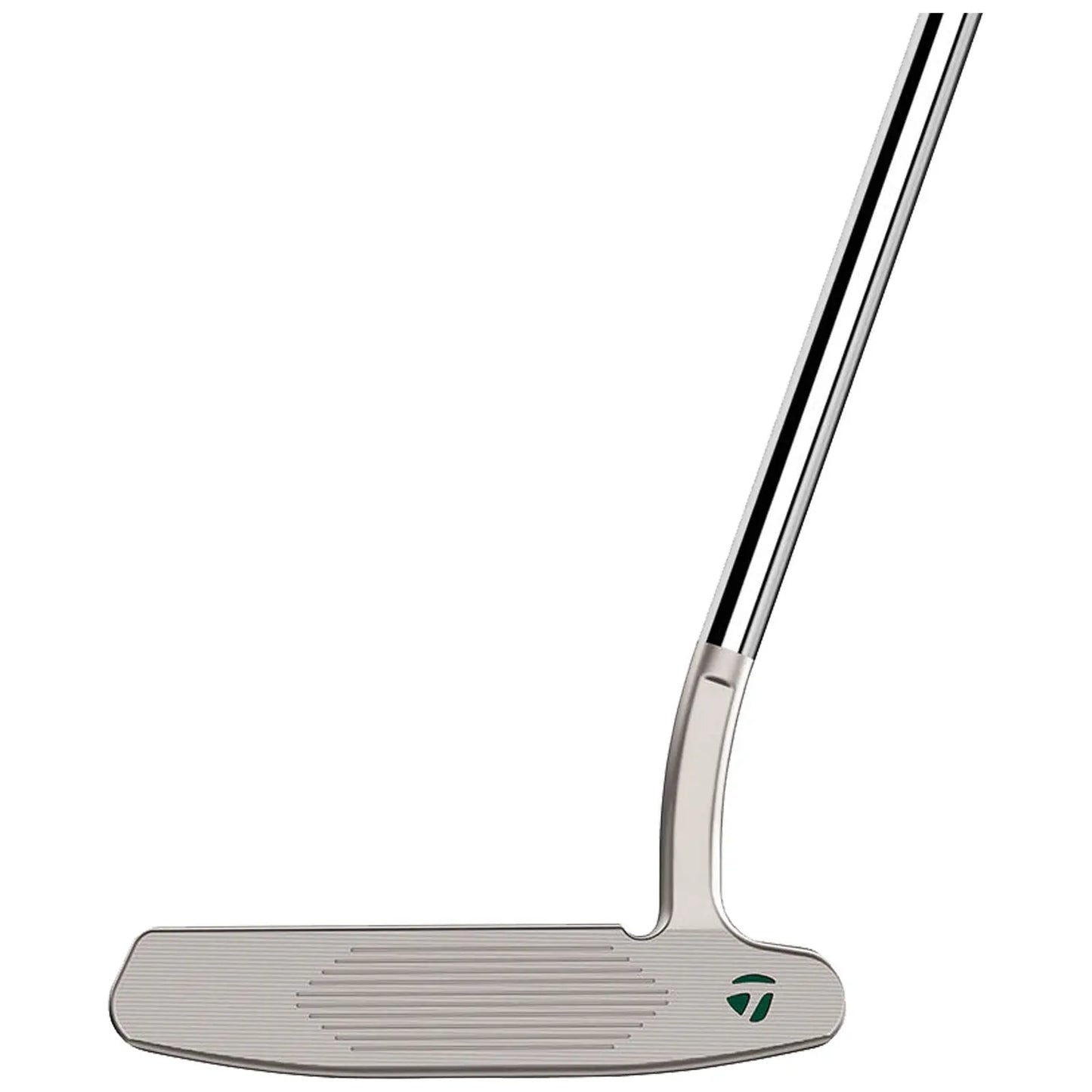A silver golf putter stands vertically with a flat, grooved striking face and a sleek shaft, typically used on a green for precise shots towards the hole.