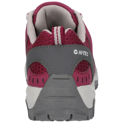 A maroon and gray athletic shoe is positioned upright displaying its back view featuring breathable mesh and a sturdy sole set against a plain white background.