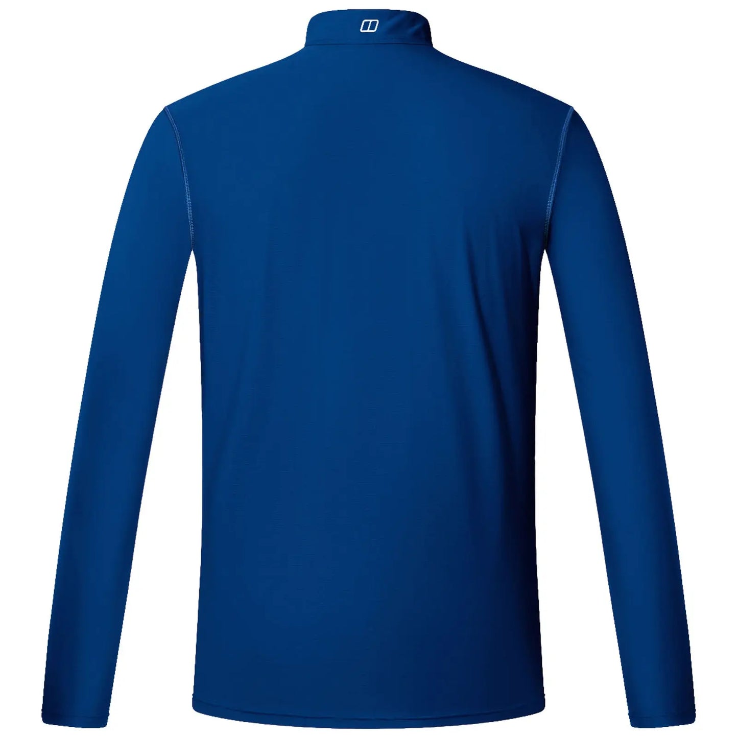 A blue long-sleeve shirt is displayed with a high collar and a smooth texture. The shirt is oriented backward, showcasing its back design and color.