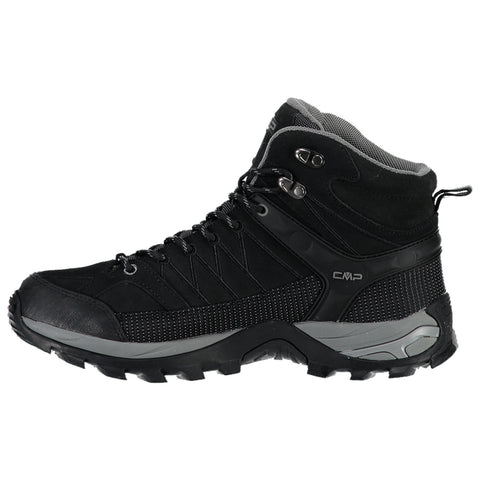 Black hiking boot with a high ankle design features a rugged sole for traction laced up for secure fit positioned against a neutral background suggesting outdoor use.