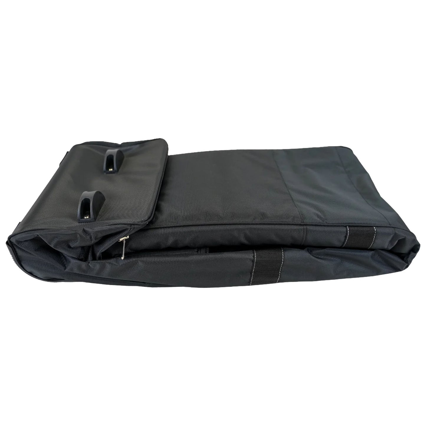 A folded black bag lies horizontally featuring a front flap with two handles and a zipper at the bottom creating a compact and organized appearance suitable for storage or travel.