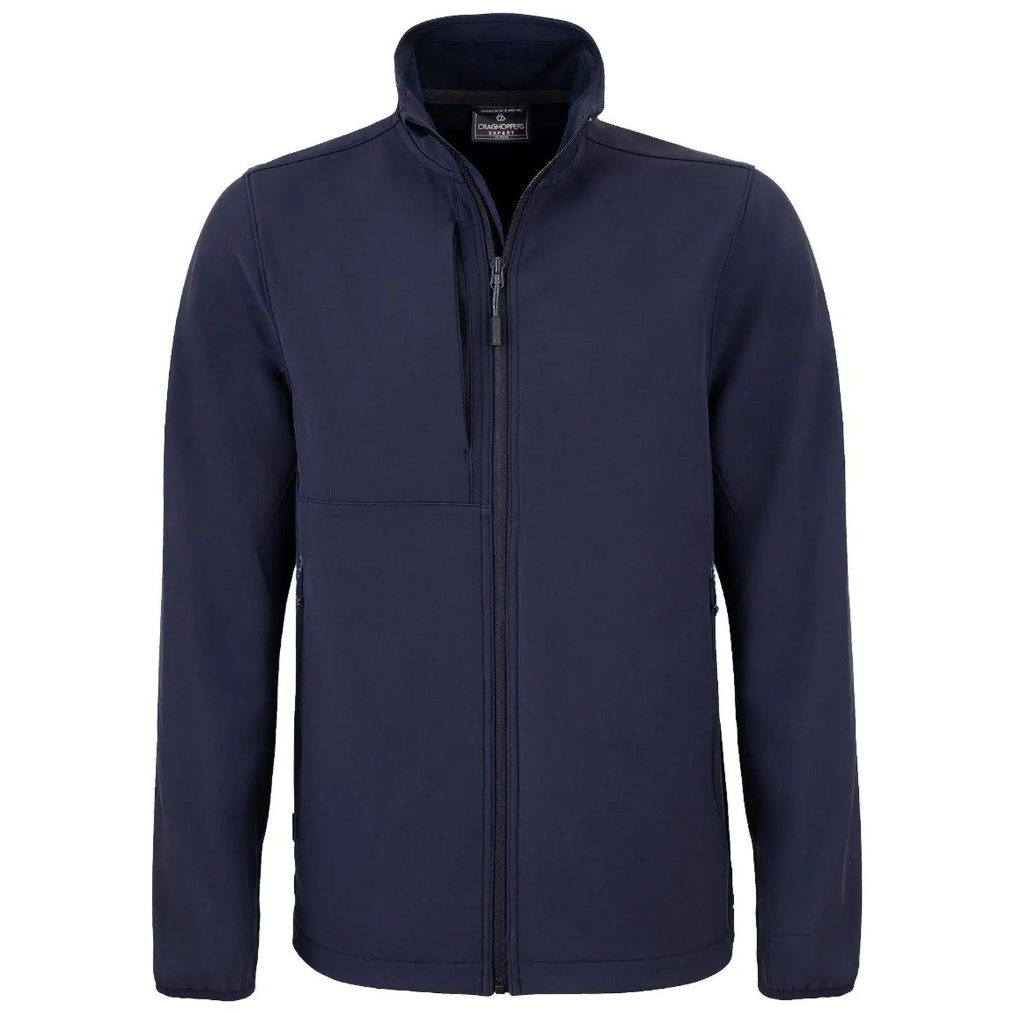 A navy blue jacket with a high collar features a front zipper and two side pockets designed for warmth and comfort in casual or outdoor settings.