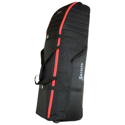A black golf travel bag with red accents stands upright featuring adjustable straps and a zipper compartment showcasing the Srixon brand logo against a plain background.