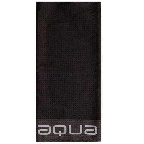 A black towel with a textured surface lies flat displaying the word aqua in light gray at the bottom edge in a modern font.