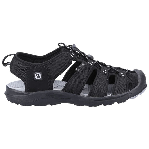 A black sporty sandal features a durable design with open sides adjustable straps and a textured sole intended for outdoor activities. It provides comfort and breathability for active use.