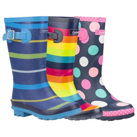Three pairs of colorful rubber rain boots are displayed side by side, each featuring distinct patterns such as stripes and polka dots, suitable for wet weather conditions.