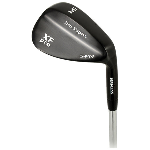 A golf wedge with a black finish displays the markings Ben Sayers XF pro 58/12 and STAINLESS indicating its model and specifications positioned upright against a plain white background.