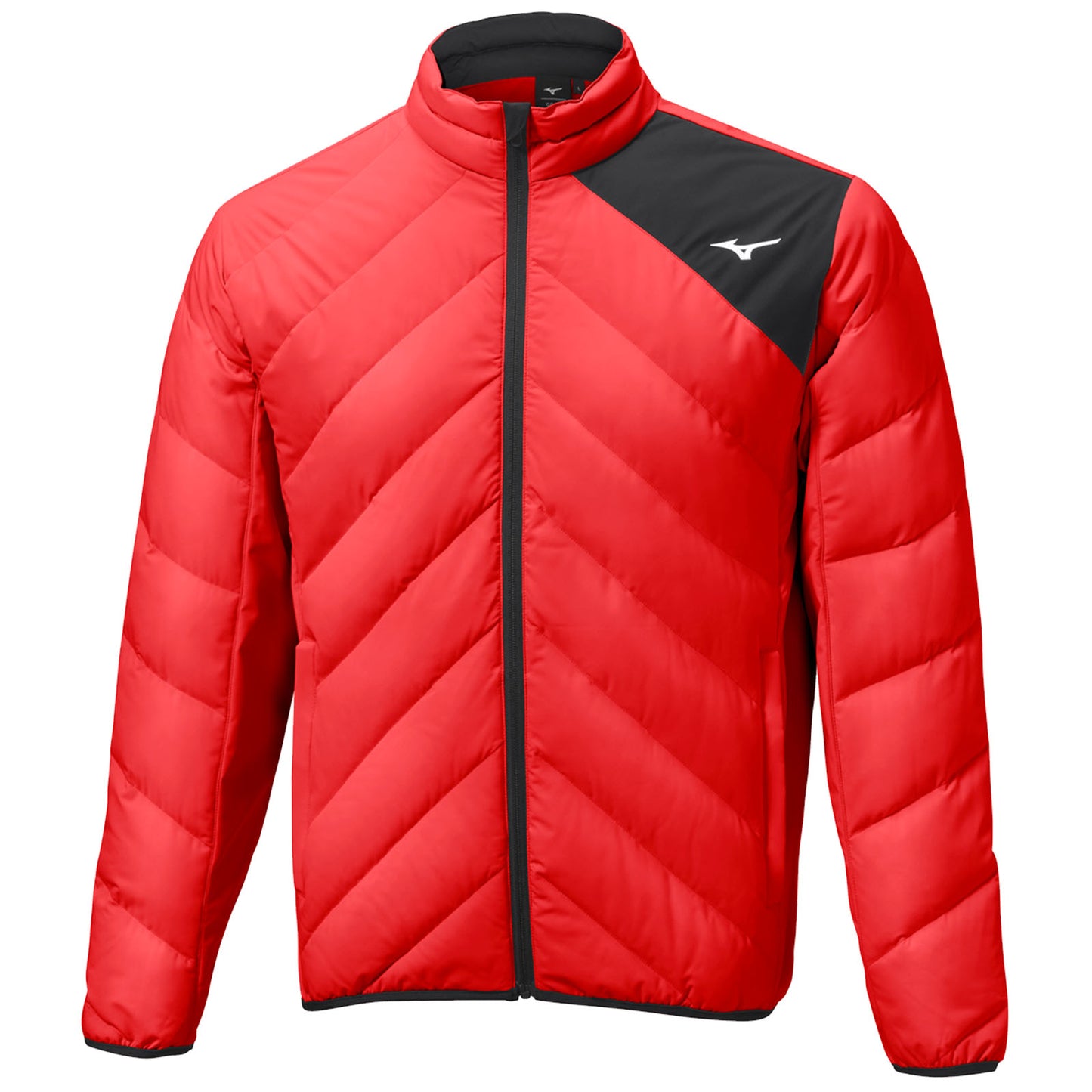 A red puffy jacket features a black shoulder panel and a zippered front with a high collar designed for warmth and comfort suitable for cold weather activities.