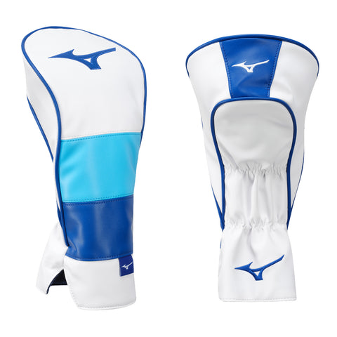 White and blue golf club headcovers are displayed side by side showcasing a sleek design featuring a structured top a snug fit and the Mizuno logo on both
