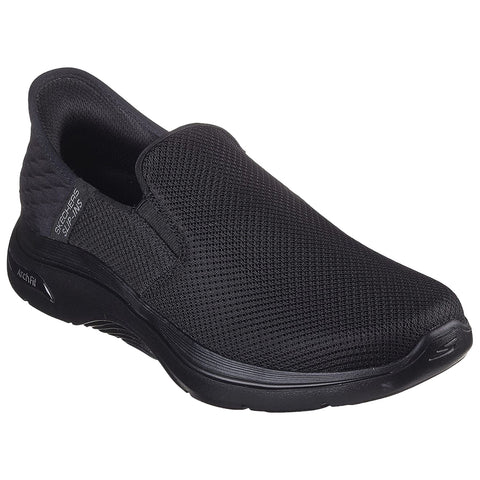 A black slip-on sneaker with a textured upper and cushioned sole is displayed angled to showcase its style and comfort, suitable for casual wear or light activities.