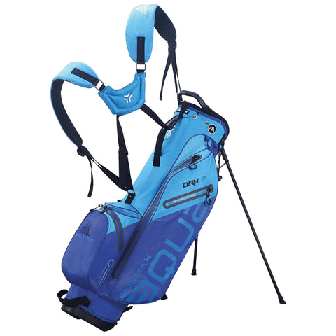A blue golf bag with adjustable straps stands upright using its support legs showcasing various pockets for storage and featuring a waterproof design ideal for golfing in wet conditions.