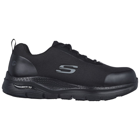 Black athletic shoe features a padded upper and cushioned sole providing support while being displayed against a plain white background highlighting its design and versatility for active wear.