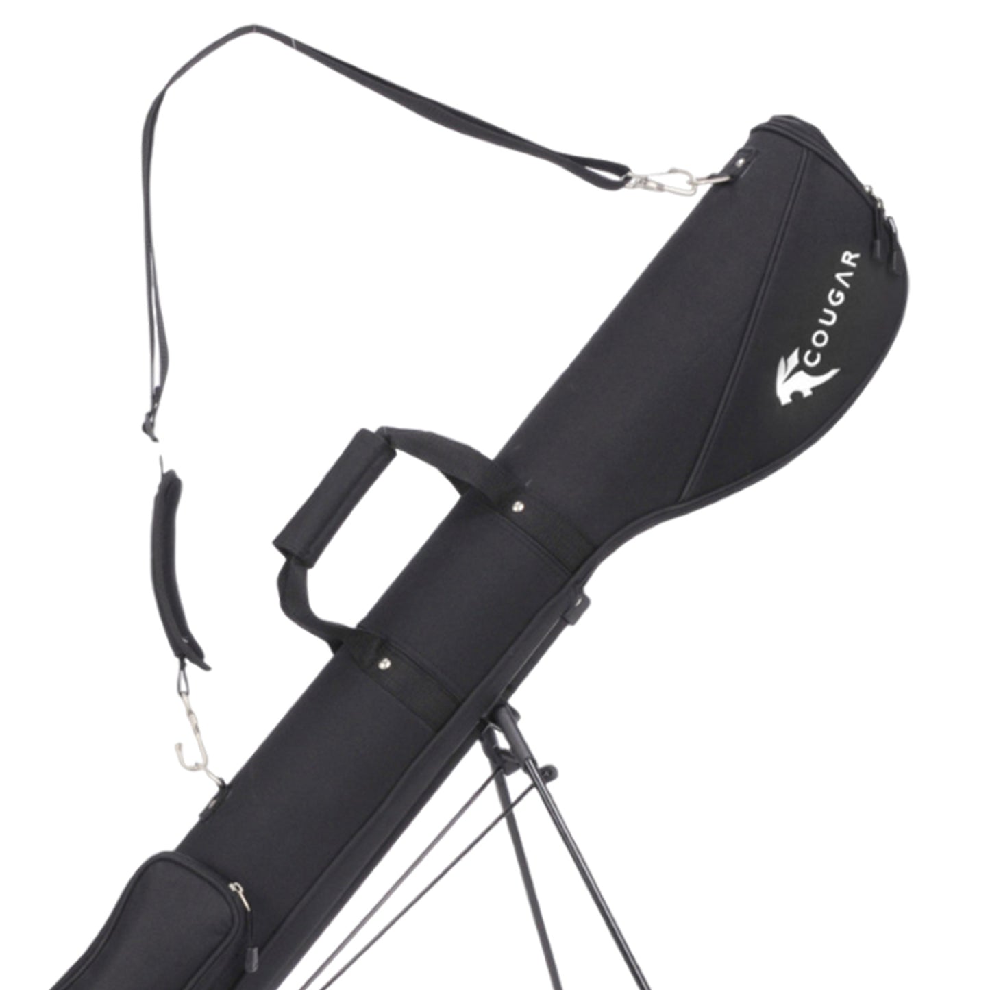 A black carrying case with a shoulder strap and handle rests on a stand showcasing its sleek design and logo. It is used for transporting equipment securely.