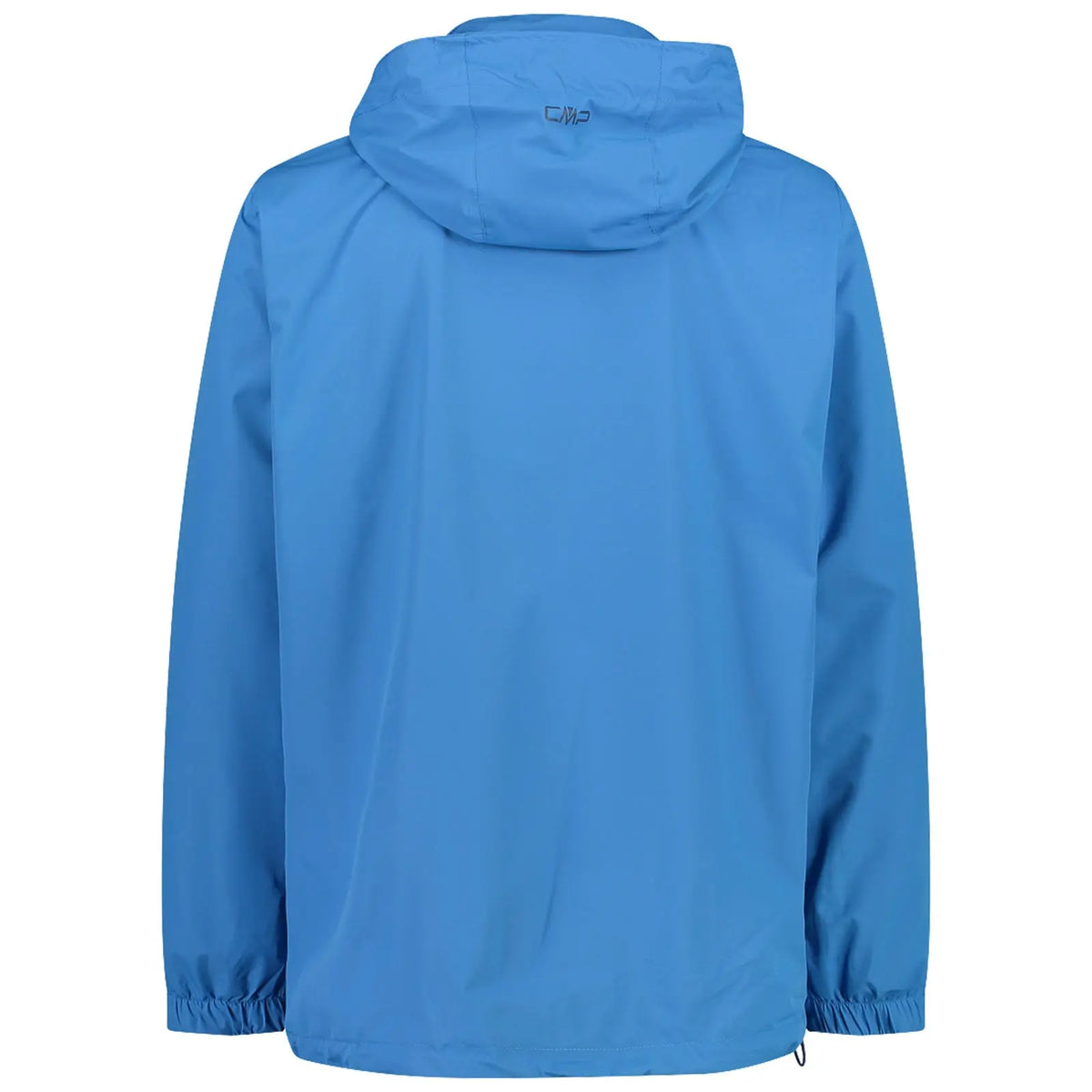A blue jacket with a hood is displayed from the back resting on a neutral background showcasing its smooth fabric and elastic cuffs designed for outdoor wear.
