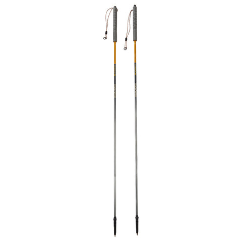 Two hiking poles stand upright with rubber grips on their tops and pointed tips at the bottom for traction, designed for stability and support during outdoor activities like trekking.