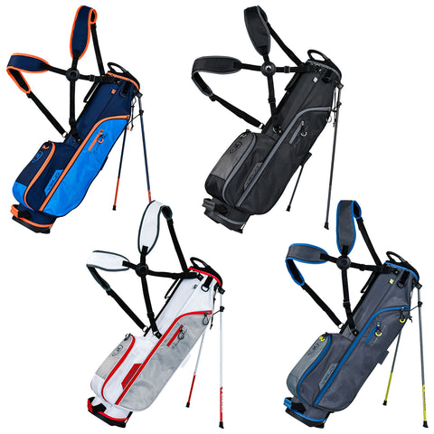 Four golf bags are displayed standing upright with adjustable straps for carrying. They vary in color including blue with orange accents gray black and white with red details against a plain background.
