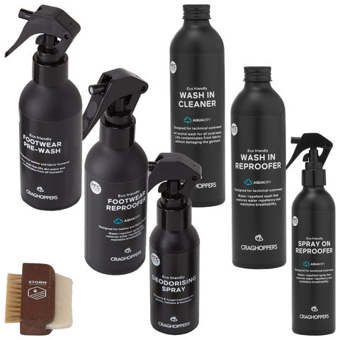 Black spray bottles labeled for cleaning and treating outdoor footwear are arranged with a wooden brush showing product types such as pre-wash and deodorising spray in a minimalist layout.