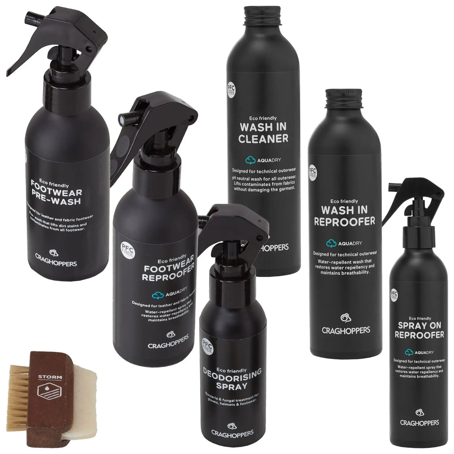 Black spray bottles labeled for cleaning and treating outdoor footwear are arranged with a wooden brush showing product types such as pre-wash and deodorising spray in a minimalist layout.