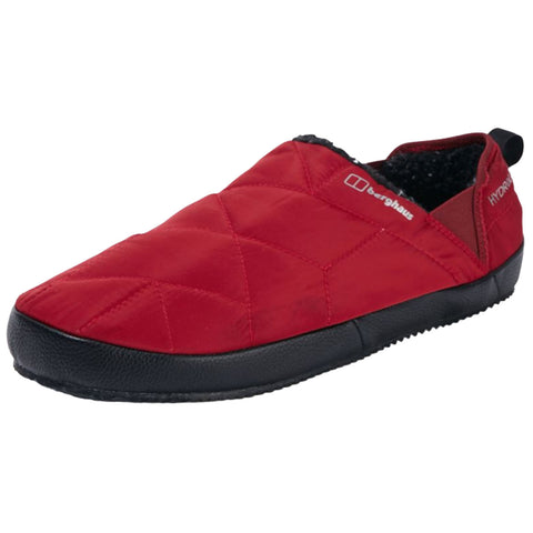 A red slip-on shoe features a quilted upper for warmth and comfort with a black rubber sole and textured grip designed for indoor wear or light outdoor use.