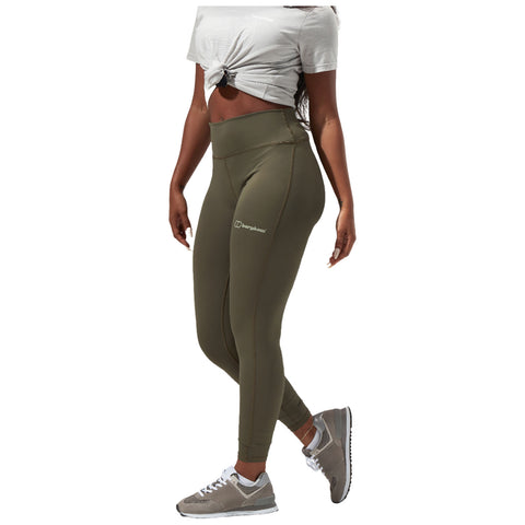 A pair of olive green leggings is displayed upright with no human figure. The leggings have a smooth texture and a wide waistband designed for comfort during physical activities.