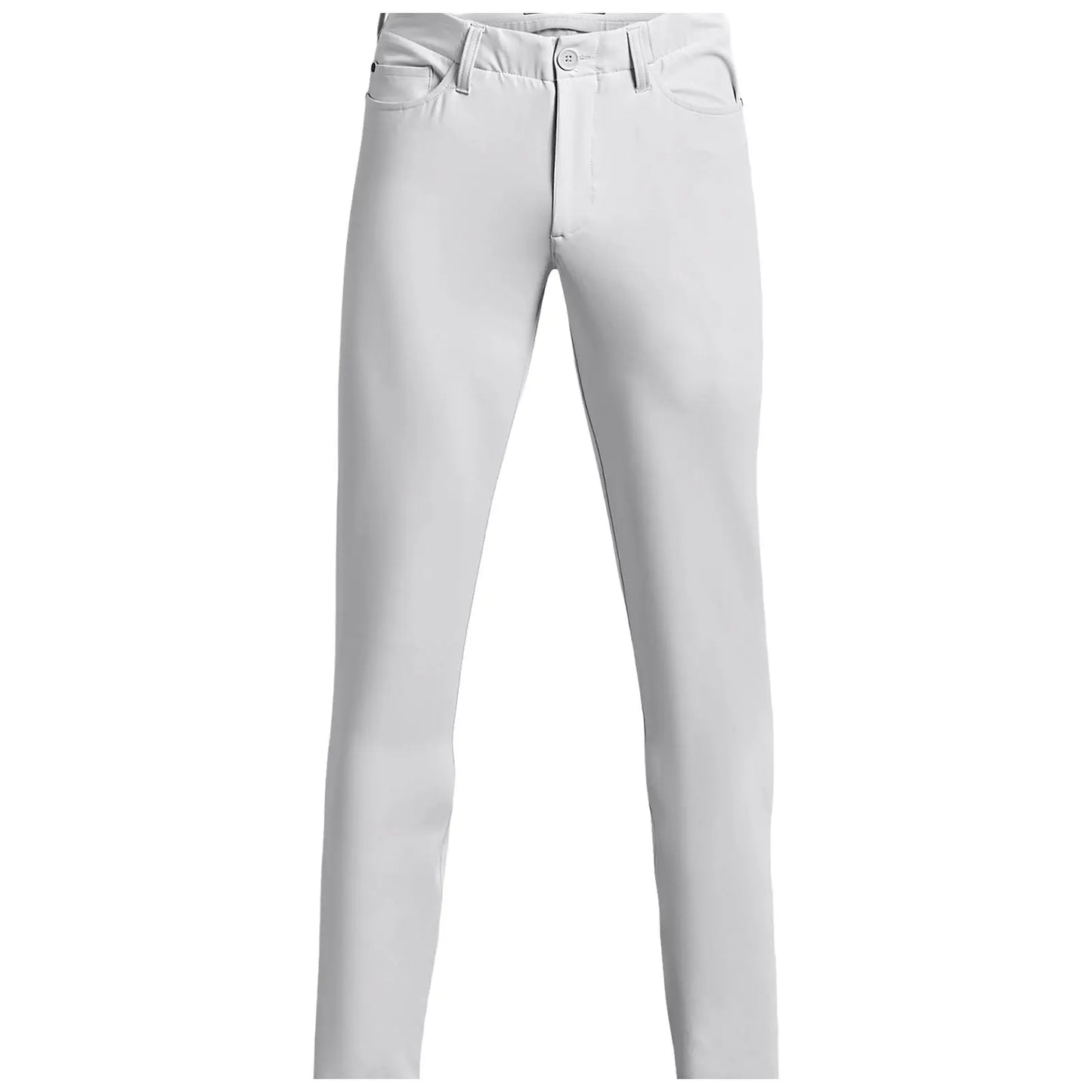 White trousers are displayed standing upright showcasing their slim fit design with front pockets and a button closure in a neutral background emphasizing their color and style