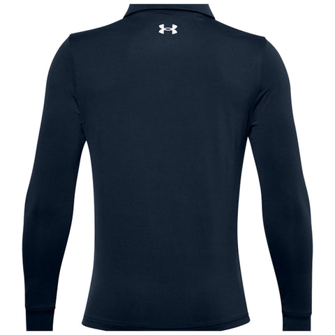 A dark long-sleeve polo shirt is displayed with a collar and fitted sleeves showcasing the logo on the upper back, suitable for casual or athletic wear.