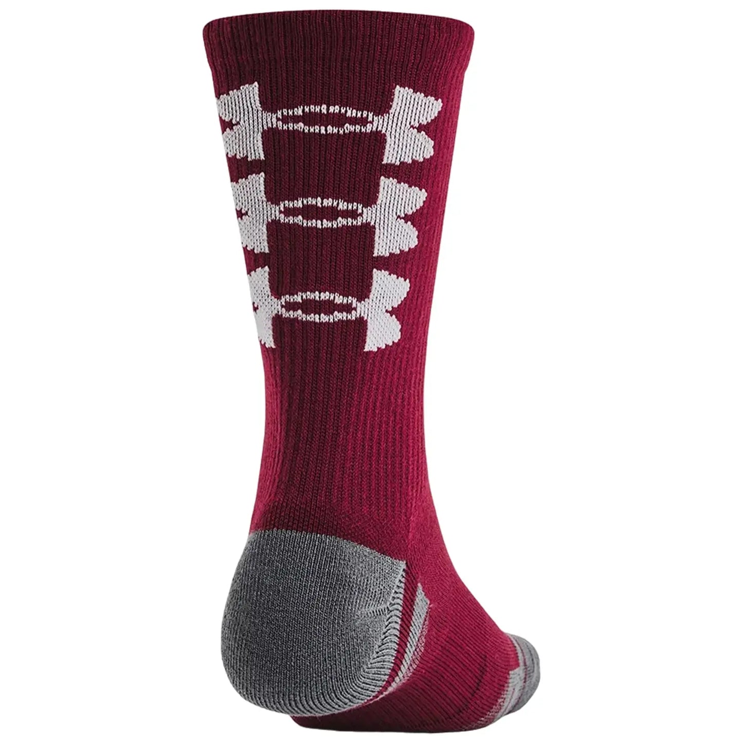 A burgundy sock features white bone-shaped patterns down the side with a gray heel and toe in a well-lit indoor setting showcasing its athletic design and vibrant color.