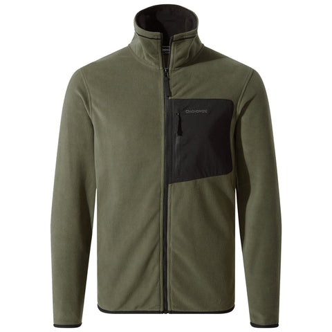 A green fleece jacket with a high collar features a black zippered pocket on the chest showcasing a smooth texture suitable for outdoor activities in cooler weather.