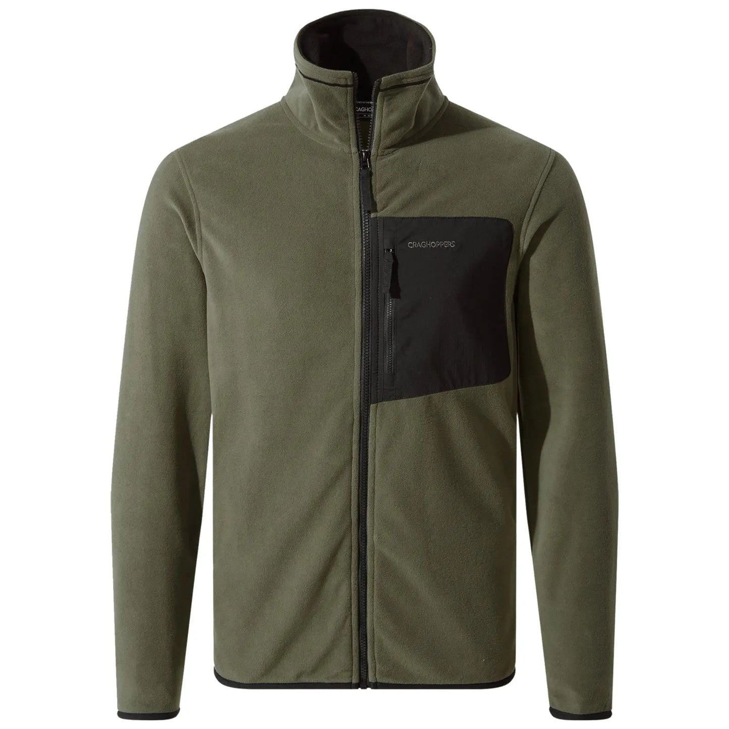 A green fleece jacket with a high collar features a black zippered pocket on the chest showcasing a smooth texture suitable for outdoor activities in cooler weather.