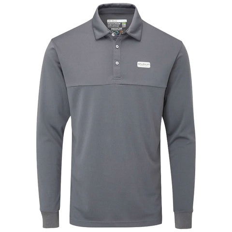 Long-sleeved gray polo shirt featuring a collar and button placket displaying a brand logo on the chest in a neutral setting with no additional elements visible.
