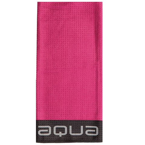 A pink towel is displayed flat featuring a textured surface and a dark gray bottom with the word aqua in light gray letters showcasing a vibrant gym or beach accessory.