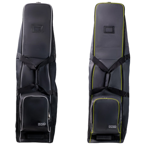 Two golf bags are displayed side by side featuring a sleek design with padded sections a main compartment and smaller pockets the left bag has white accents while the right bag has lime green detailing