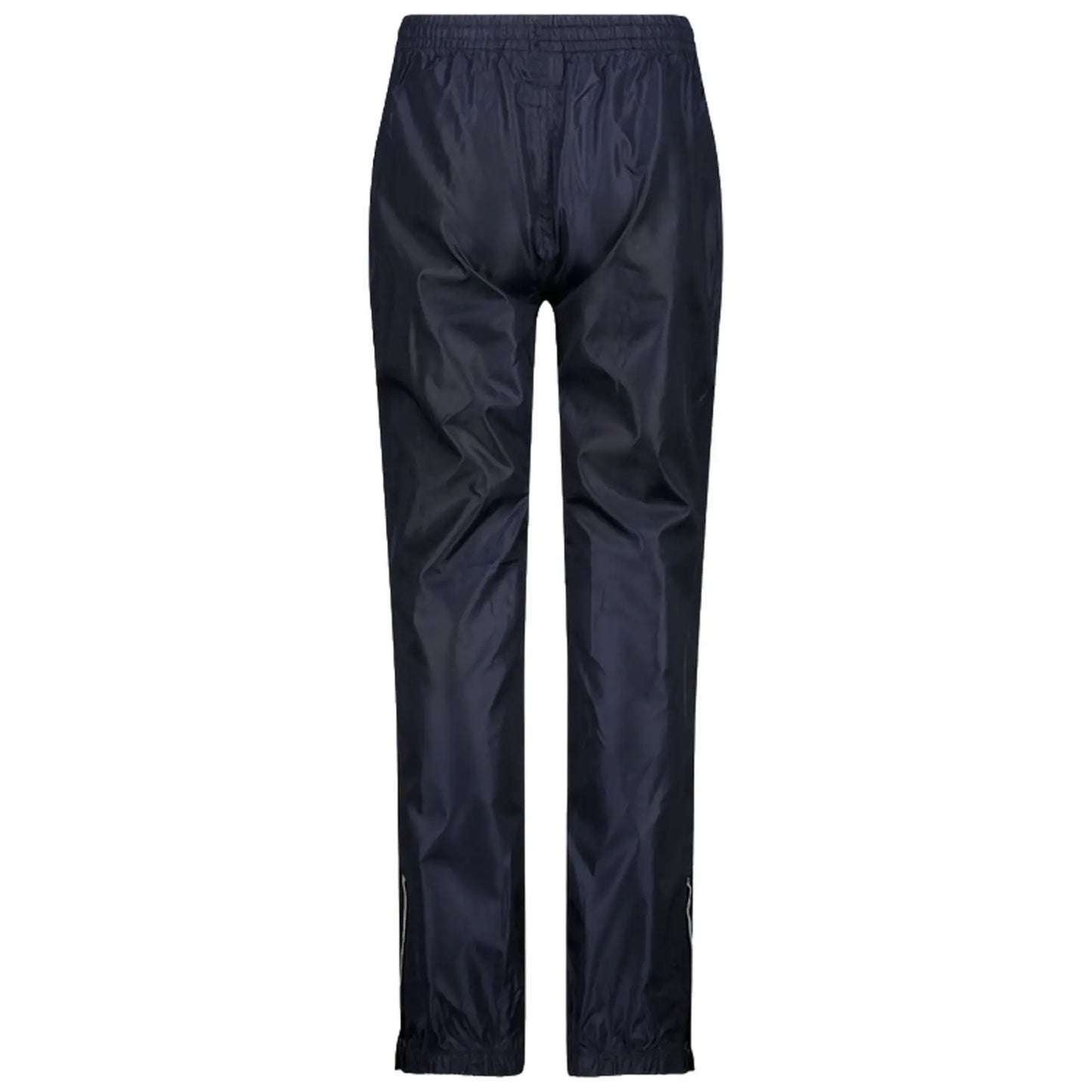 Black waterproof pants are displayed hanging straight down with an elastic waistband and cuffs the fabric appears smooth and shiny suitable for outdoor activities or wet weather conditions