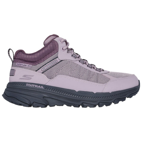 A lightweight purple hiking shoe features a waterproof design with a cushioned sole for traction providing support on various terrains suitable for outdoor activities.