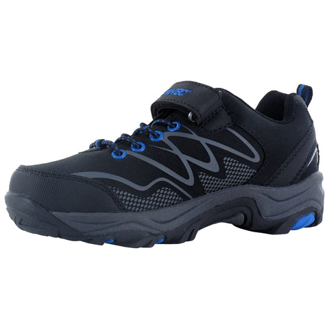 A black athletic shoe features a mesh and synthetic upper with blue accents and laces while the sole is designed for traction and support in active environments