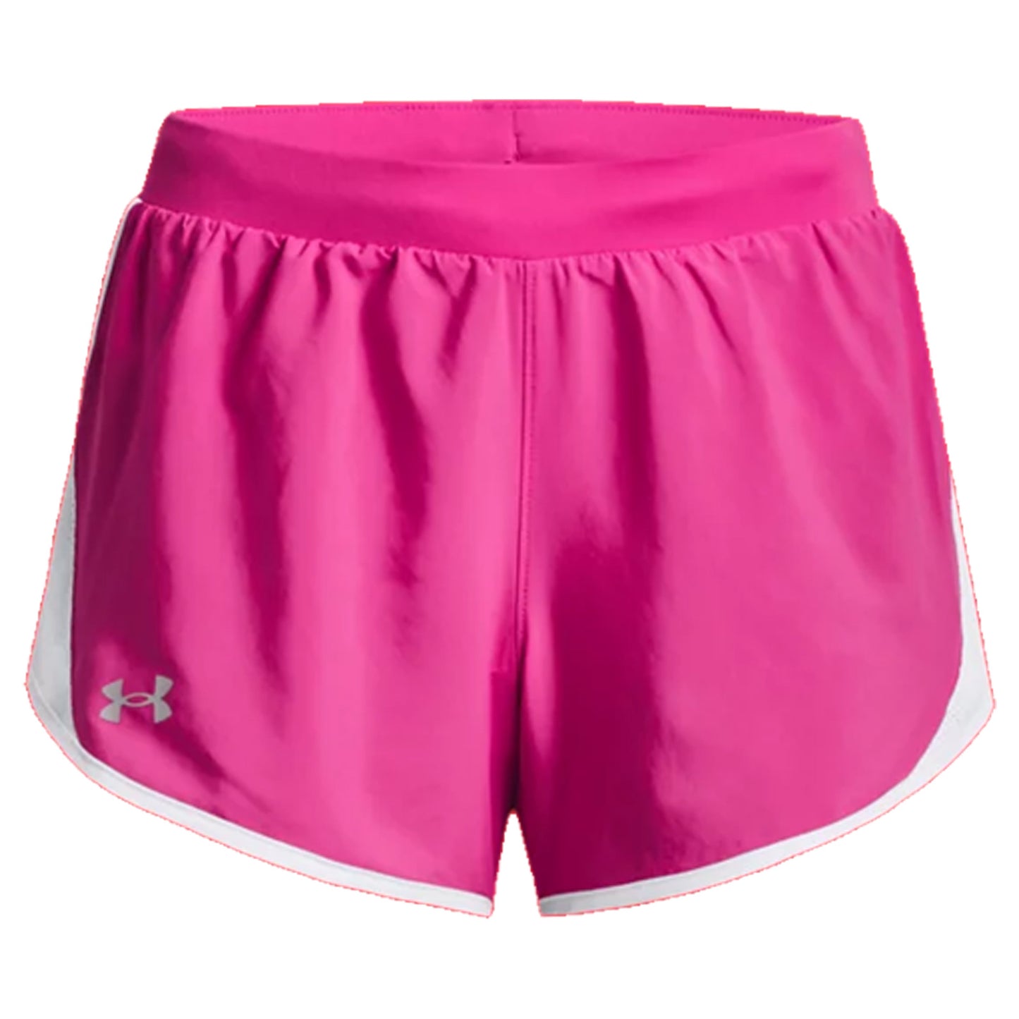 Bright pink athletic shorts feature a wide waistband and white side trim showcasing a sporty design suitable for exercise or casual wear in active environments.