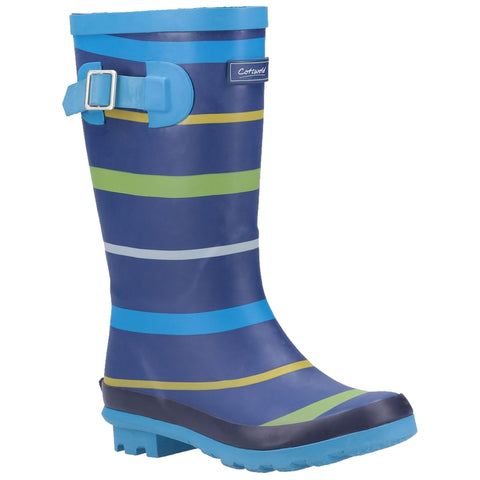 A blue and green striped rain boot stands upright showcasing its rubber material and textured sole designed for wet conditions in a casual outdoor environment.