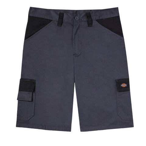Cargo shorts in dark gray fabric feature black paneling on the sides and multiple pockets for utility with a button closure at the waist designed for casual or work settings.